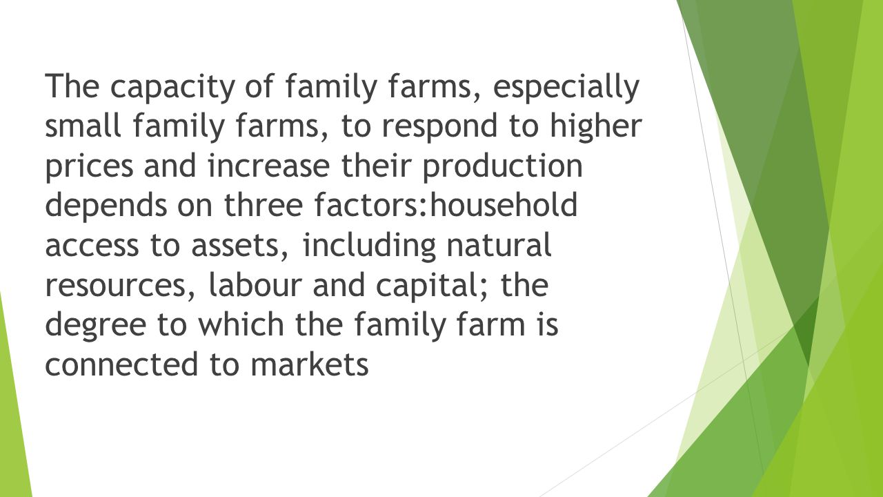 The capacity of family farms, especially small family farms, to respond to higher prices and increase their production depends on three factors:household access to assets, including natural resources, labour and capital; the degree to which the family farm is connected to markets