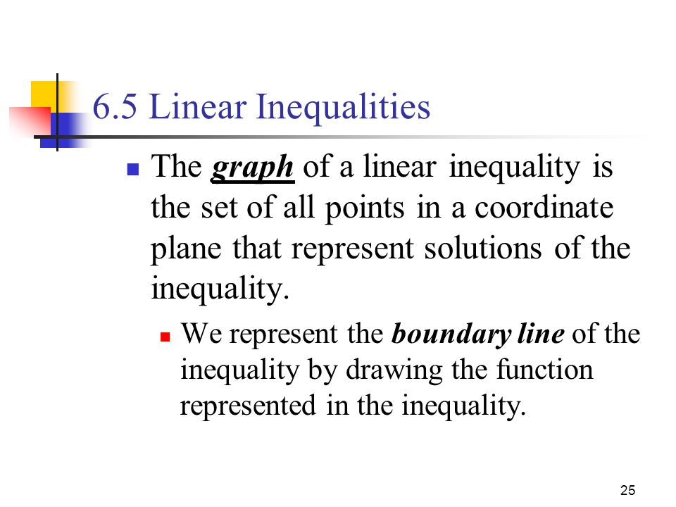 6.5 Linear Inequalities The graph of a linear inequality is the set of all points in a coordinate plane that represent solutions of the inequality.