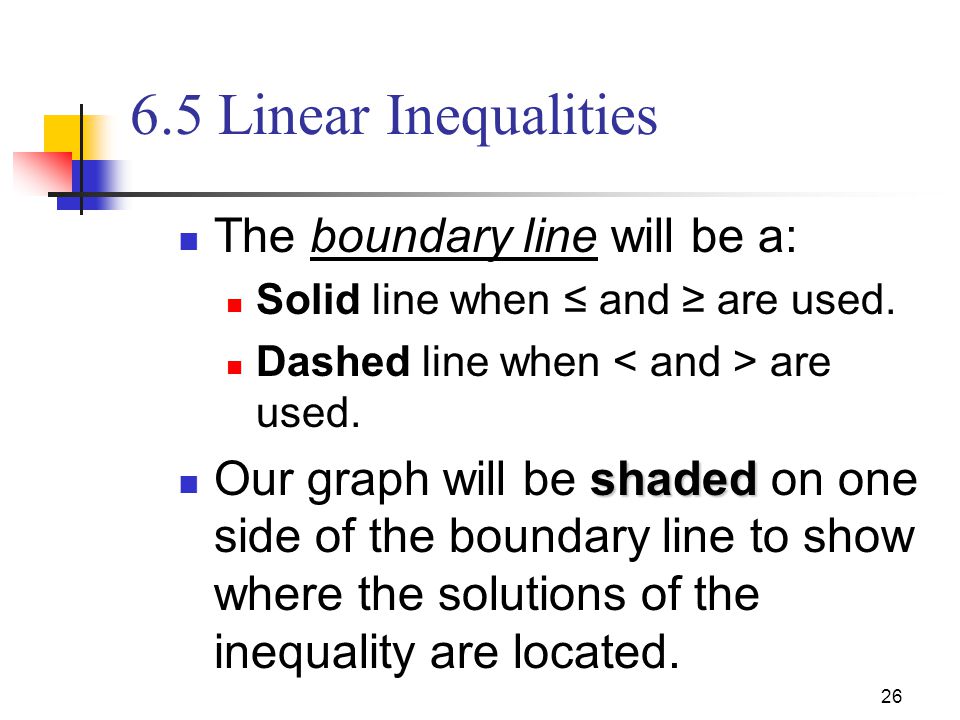 6.5 Linear Inequalities The boundary line will be a: