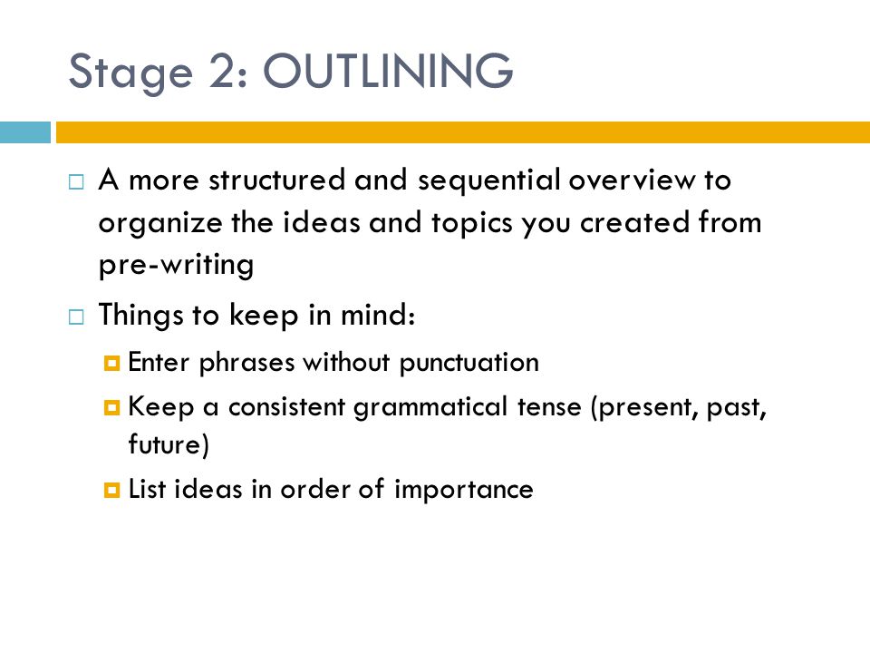 Stage 2: OUTLINING A more structured and sequential overview to organize the ideas and topics you created from pre-writing.