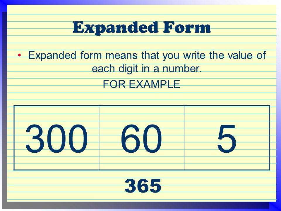 Expanded Form Expanded form means that you write the value of each digit in a number. FOR EXAMPLE.