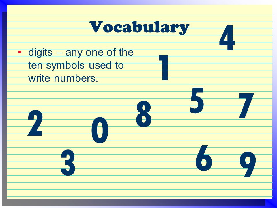 Vocabulary 4 1 digits – any one of the ten symbols used to write numbers
