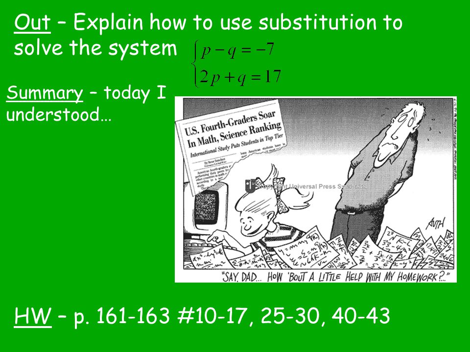 Out – Explain how to use substitution to solve the system
