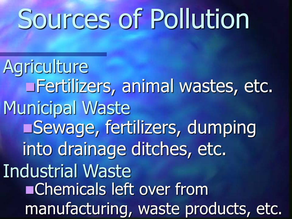 Sources of Pollution Agriculture Fertilizers, animal wastes, etc.