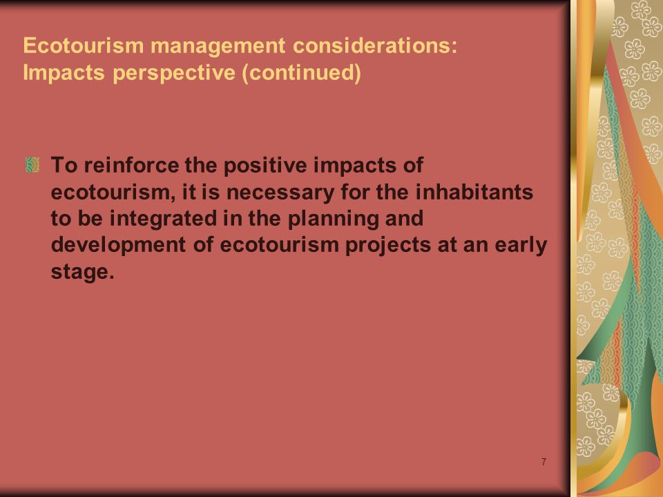 Ecotourism management considerations: Impacts perspective (continued)