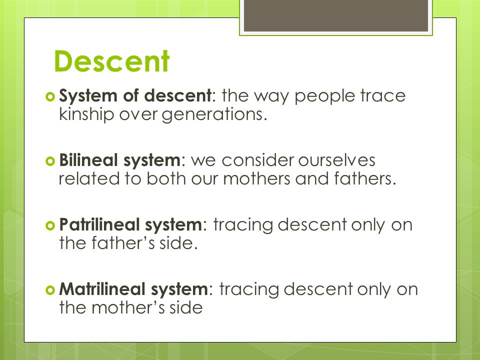 Descent System of descent: the way people trace kinship over generations.