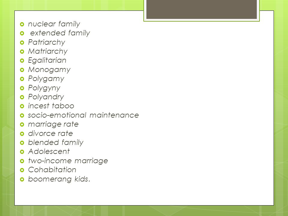 nuclear family extended family. Patriarchy. Matriarchy. Egalitarian. Monogamy. Polygamy. Polygyny.