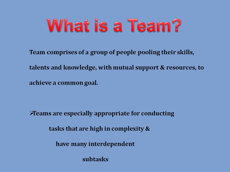 Team comprises of a group of people pooling their skills, talents and knowledge, with mutual support & resources, to achieve a common goal.