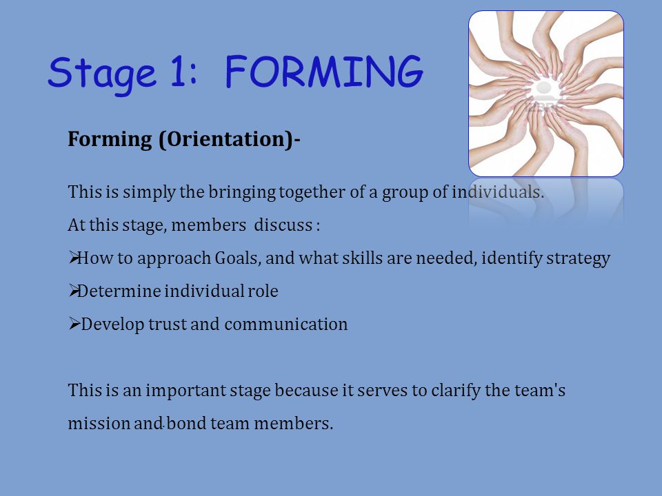 Stage 1: FORMING Forming (Orientation)-