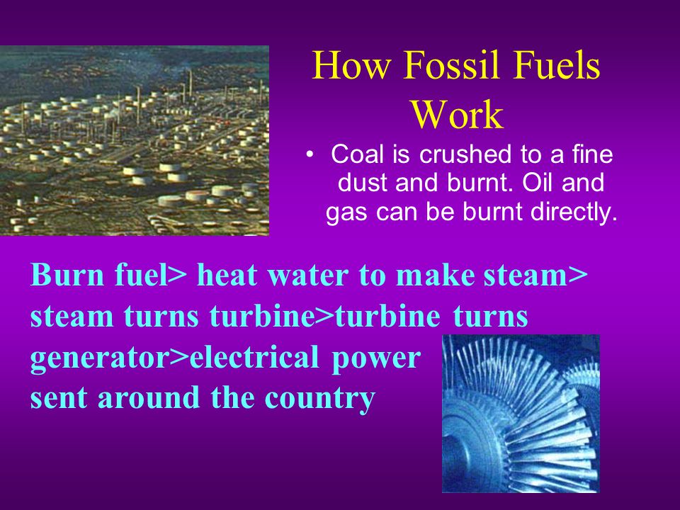 How Fossil Fuels Work Coal is crushed to a fine dust and burnt. Oil and gas can be burnt directly.