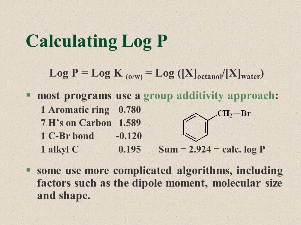 Calculating Log P Log P = Log K (o/w) = Log ([X]octanol/[X]water)