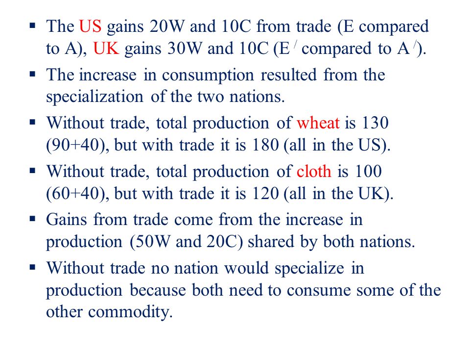 The US gains 20W and 10C from trade (E compared to A), UK gains 30W and 10C (E / compared to A /).