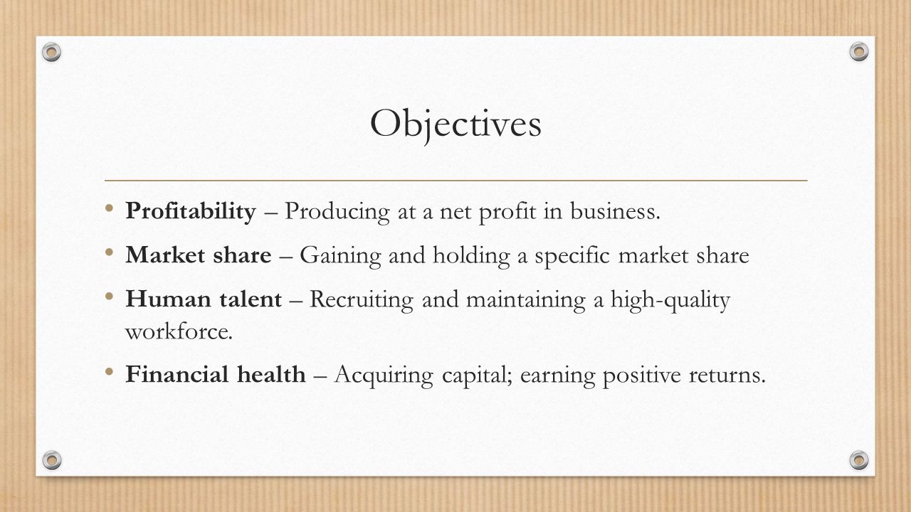 Objectives Profitability – Producing at a net profit in business.