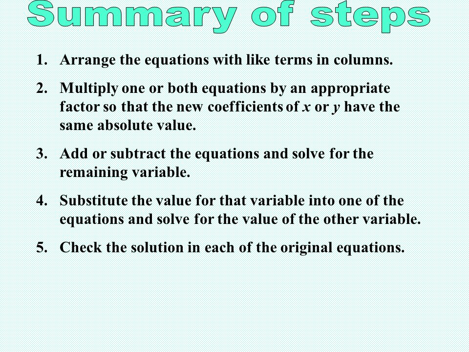 Summary of steps Arrange the equations with like terms in columns.