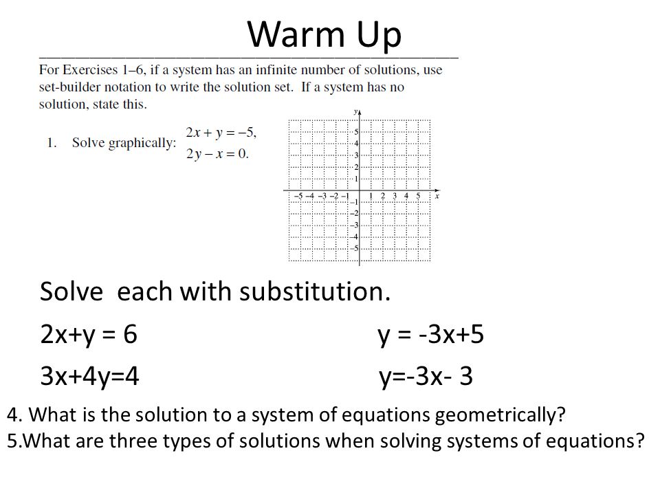 Solve each with substitution. 2x+y = 6 y = -3x+5 3x+4y=4 y=-3x- 3