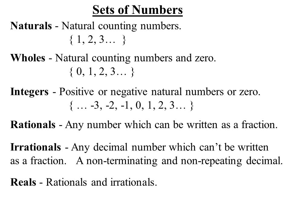 Sets of Numbers Naturals - Natural counting numbers. { 1, 2, 3… }