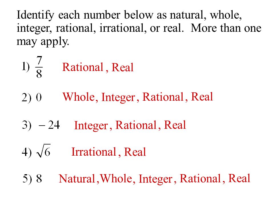 Identify each number below as natural, whole,