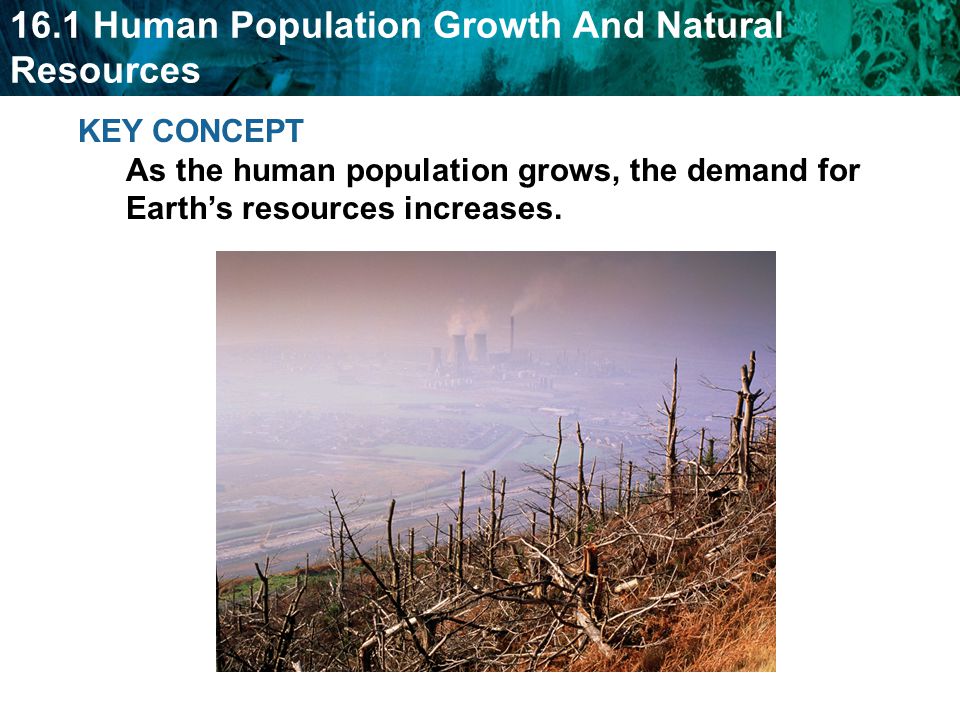 KEY CONCEPT As the human population grows, the demand for Earth’s resources increases.
