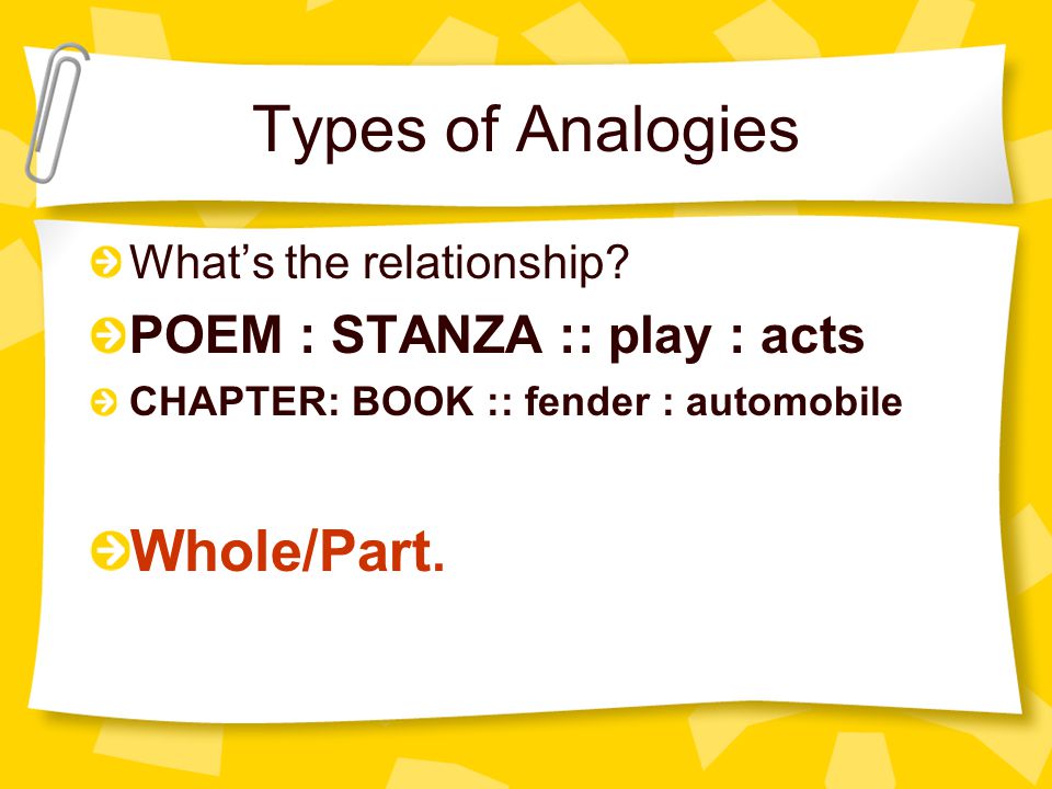 Types of Analogies Whole/Part. POEM : STANZA :: play : acts