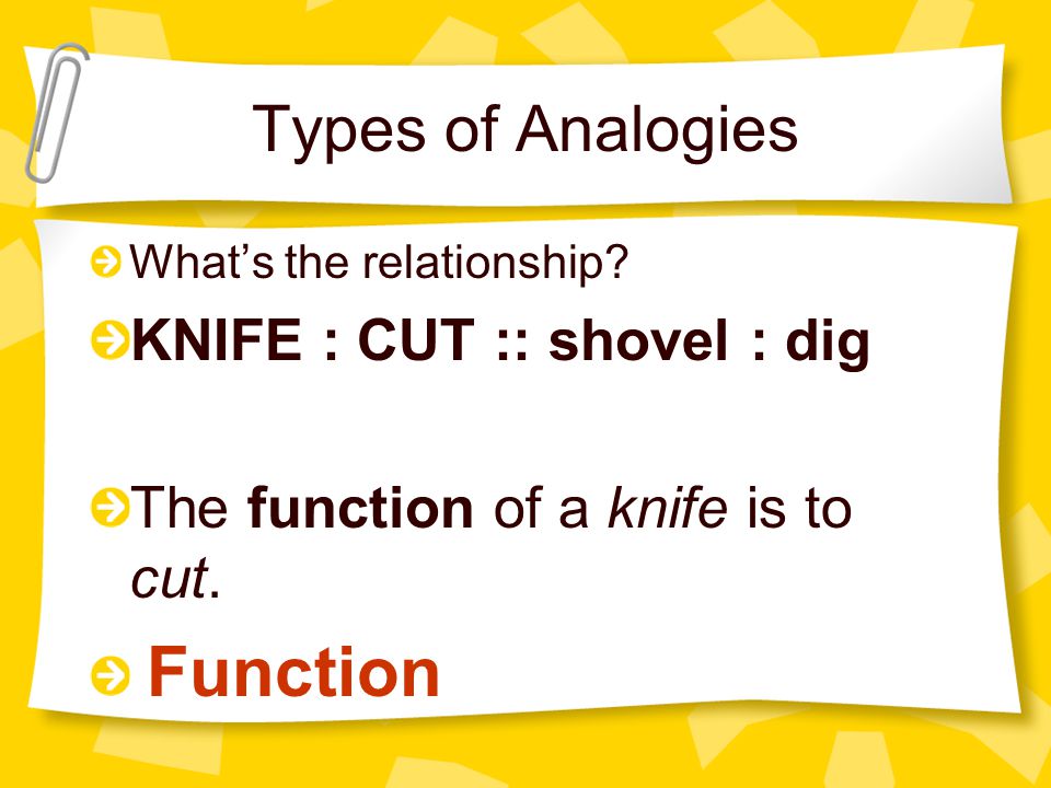 Types of Analogies KNIFE : CUT :: shovel : dig