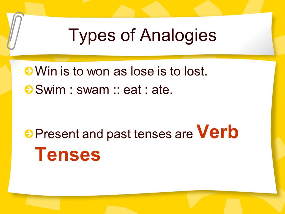 Types of Analogies Win is to won as lose is to lost.