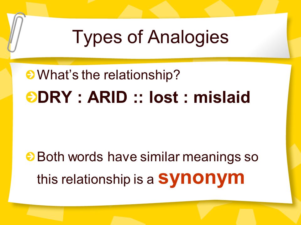 Types of Analogies DRY : ARID :: lost : mislaid