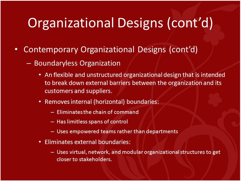 Organizational Designs (cont’d)