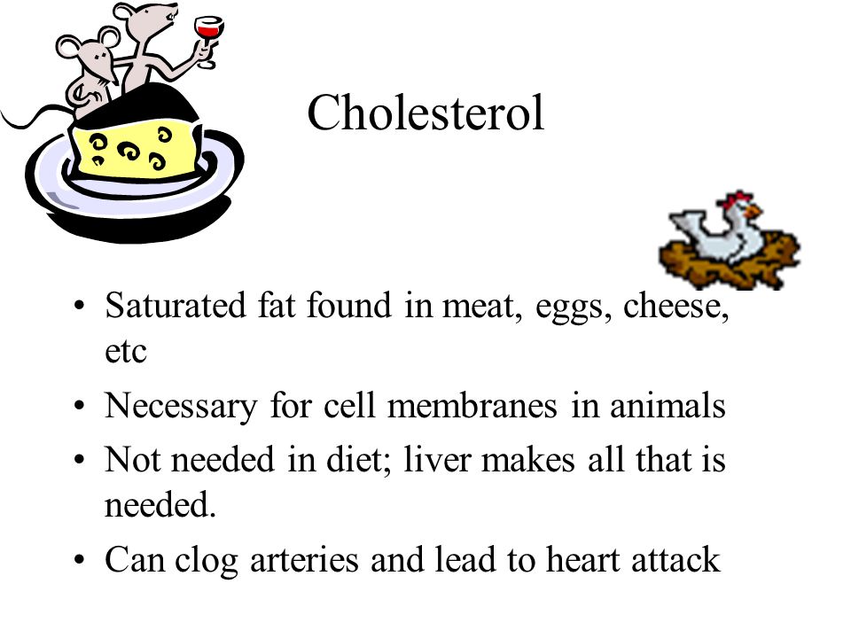 Cholesterol Saturated fat found in meat, eggs, cheese, etc