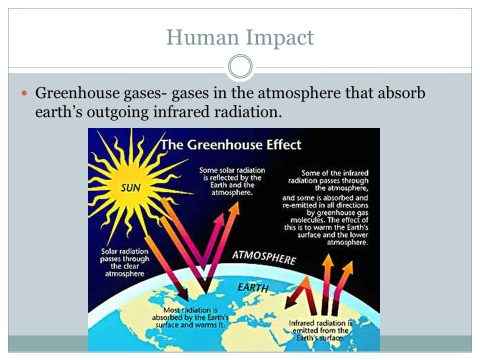Human Impact Greenhouse gases- gases in the atmosphere that absorb earth’s outgoing infrared radiation.