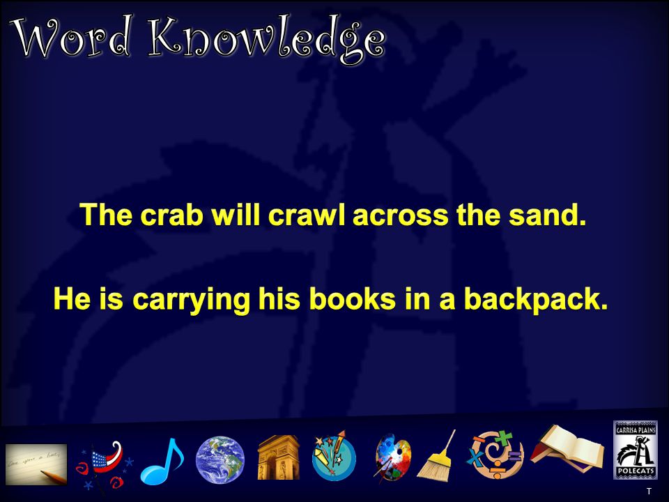 Word Knowledge The crab will crawl across the sand.