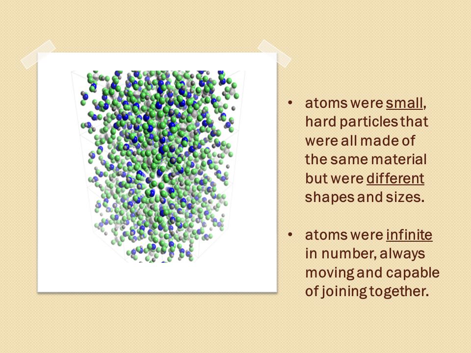 atoms were small, hard particles that were all made of the same material but were different shapes and sizes.