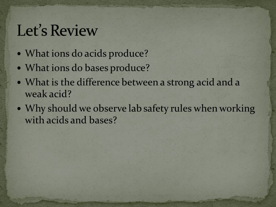 Let’s Review What ions do acids produce What ions do bases produce