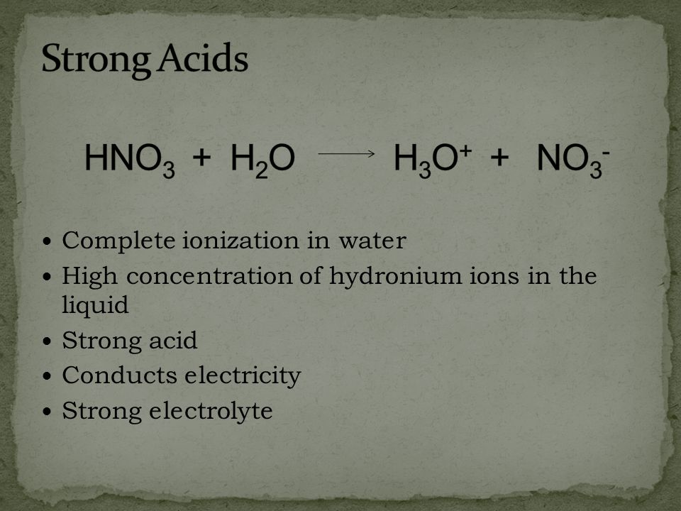 Strong Acids HNO3 + H2O H3O+ + NO3- Complete ionization in water