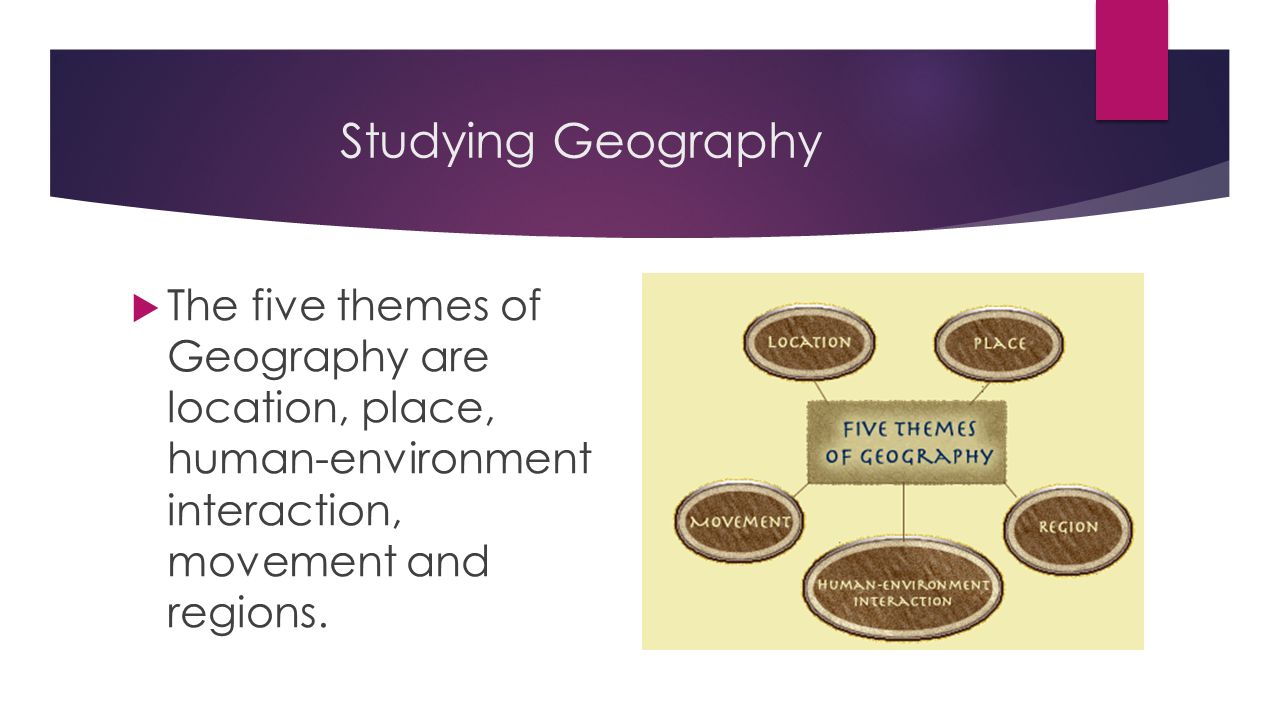 Studying Geography The five themes of Geography are location, place, human-environment interaction, movement and regions.