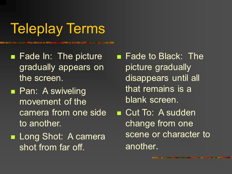 Teleplay Terms Fade In: The picture gradually appears on the screen.