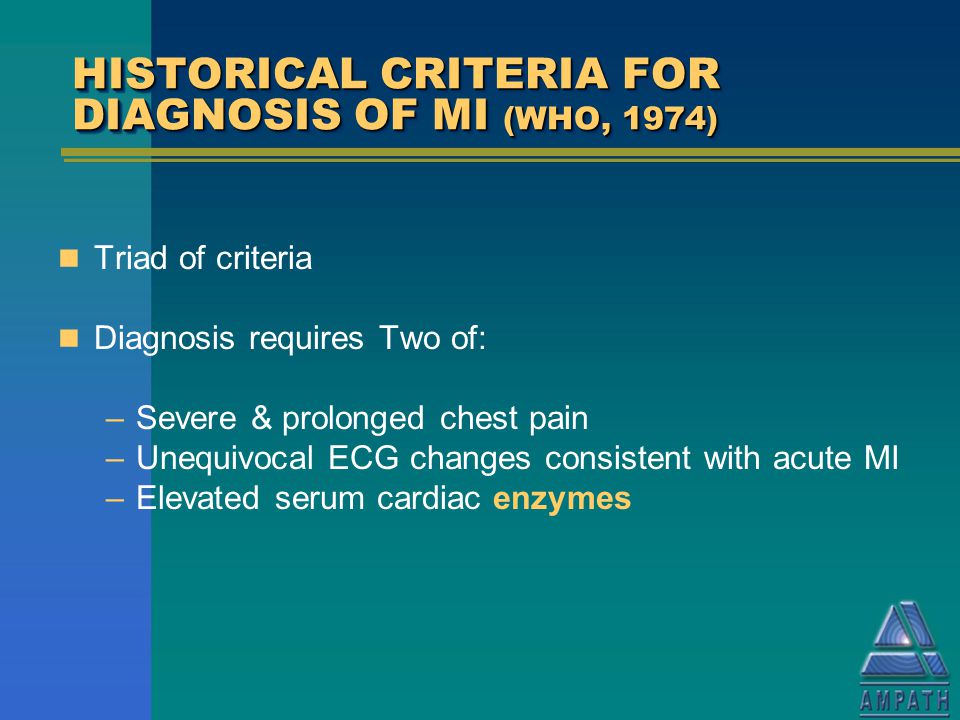 HISTORICAL CRITERIA FOR DIAGNOSIS OF MI (WHO, 1974)