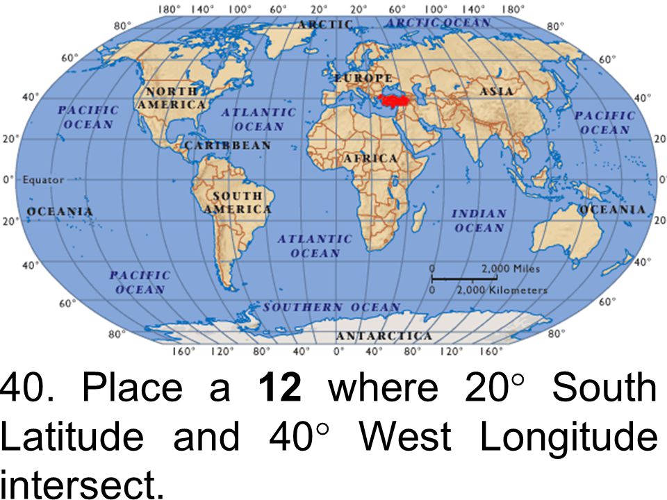 40. Place a 12 where 20 South Latitude and 40 West Longitude intersect.