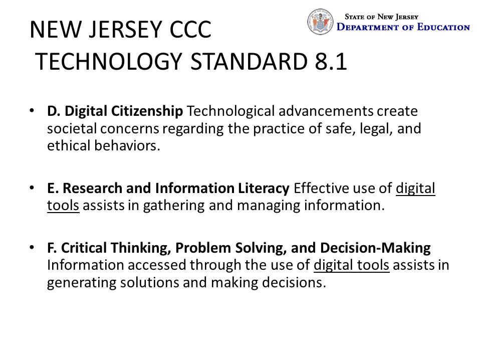 NEW JERSEY CCC TECHNOLOGY STANDARD 8.1