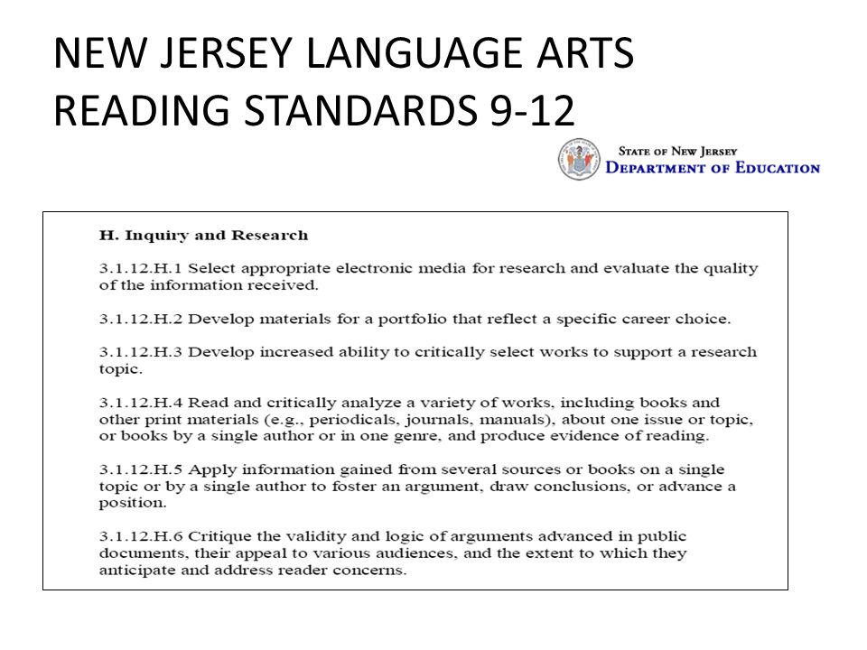 NEW JERSEY LANGUAGE ARTS READING STANDARDS 9-12