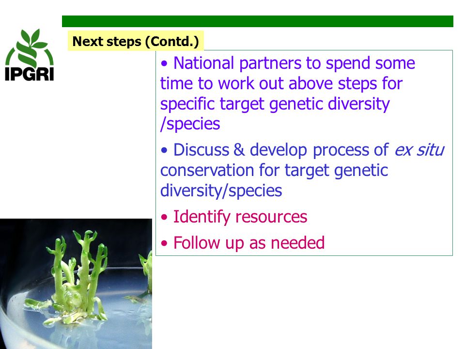 Next steps (Contd.) National partners to spend some time to work out above steps for specific target genetic diversity /species.