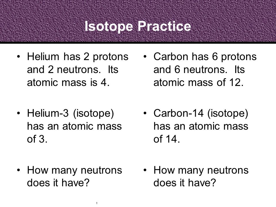 Isotope Practice Helium has 2 protons and 2 neutrons. Its atomic mass is 4. Helium-3 (isotope) has an atomic mass of 3.