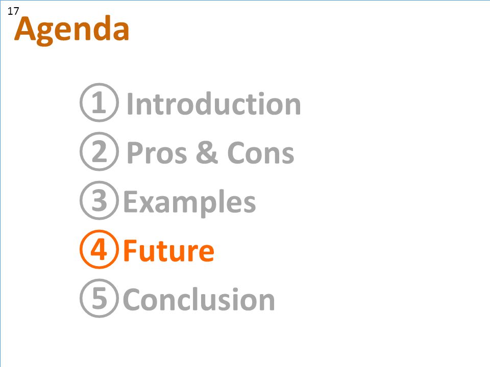 17 Agenda Introduction Pros & Cons Examples Future Conclusion