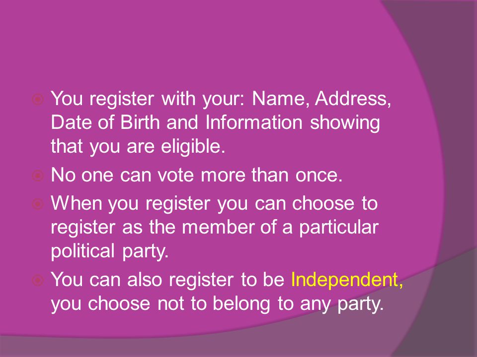 You register with your: Name, Address, Date of Birth and Information showing that you are eligible.