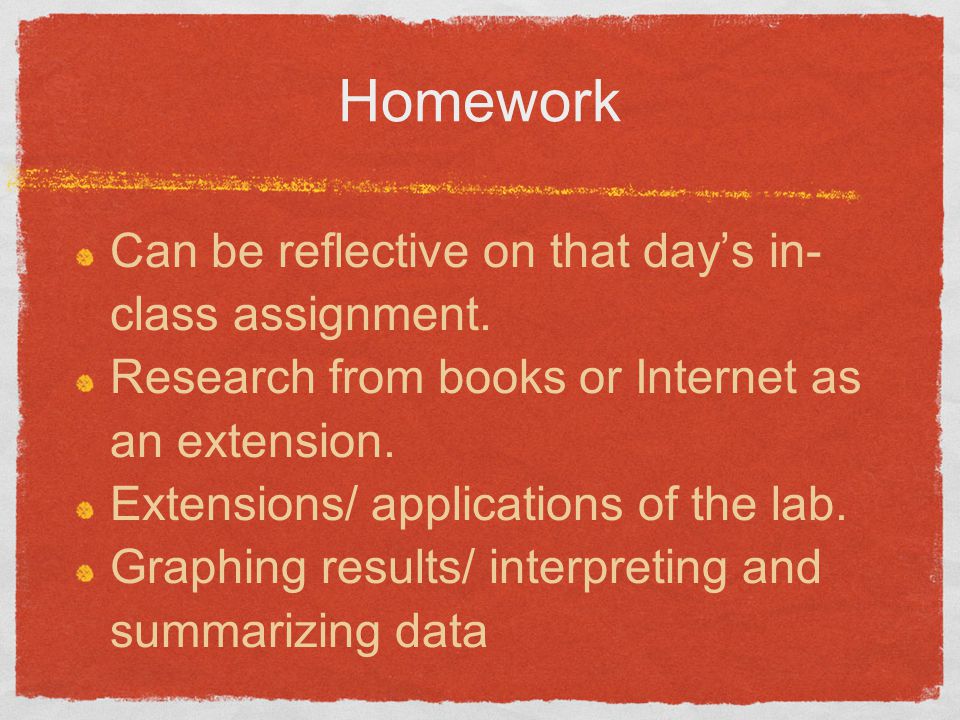 Homework Can be reflective on that day’s in-class assignment.