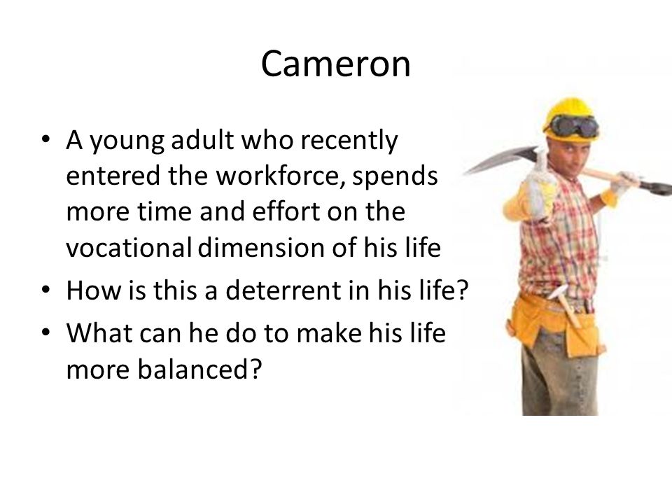 Cameron A young adult who recently entered the workforce, spends more time and effort on the vocational dimension of his life.