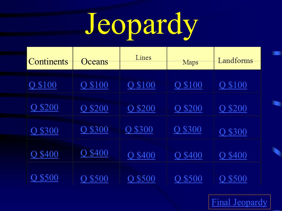 Jeopardy Continents Oceans Q $100 Q $100 Q $100 Q $100 Q $100 Q $200