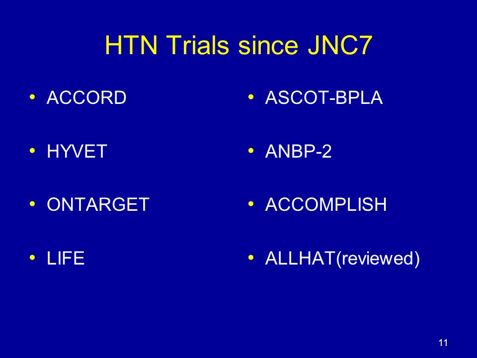 HTN Trials since JNC7 ACCORD HYVET ONTARGET LIFE ASCOT-BPLA ANBP-2