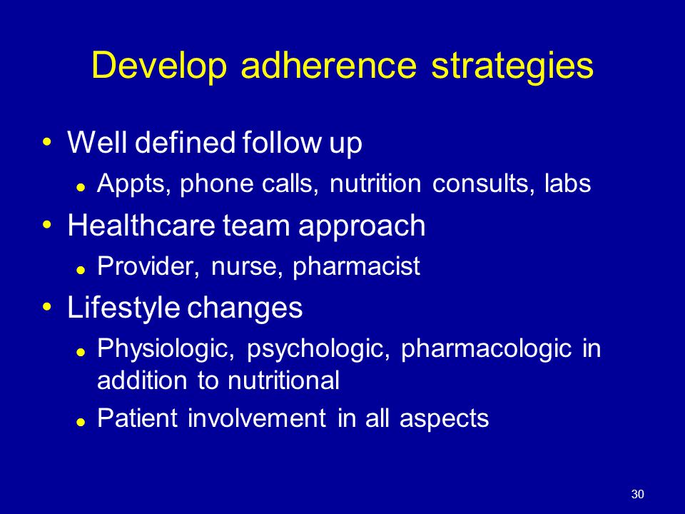 Develop adherence strategies