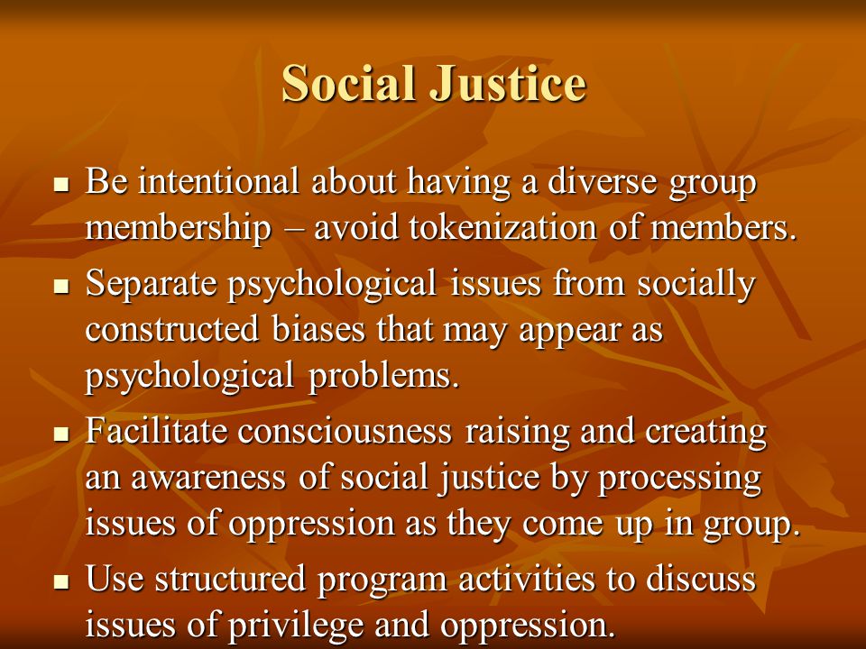 Social Justice Be intentional about having a diverse group membership – avoid tokenization of members.