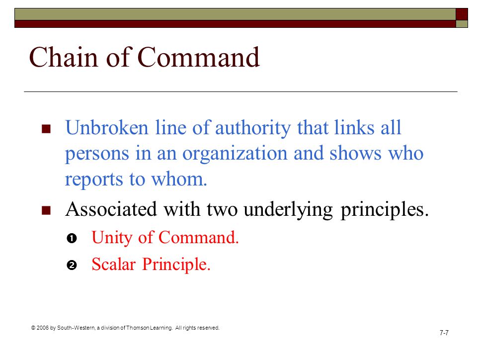 Chain of Command Unbroken line of authority that links all persons in an organization and shows who reports to whom.